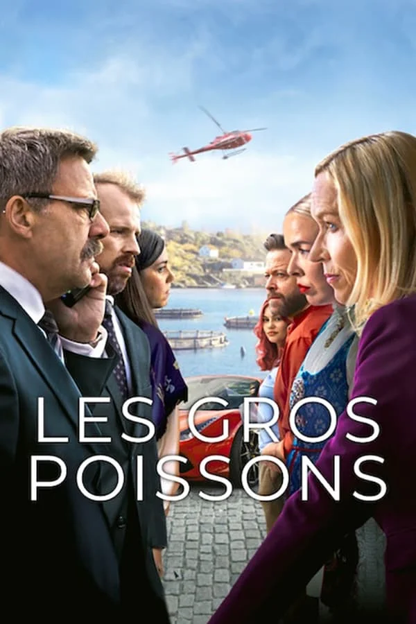 Les Gros Poissons poster, beschikbaar op Dutch IPTV, met personages tegenover elkaar en een helikopter op de achtergrond.