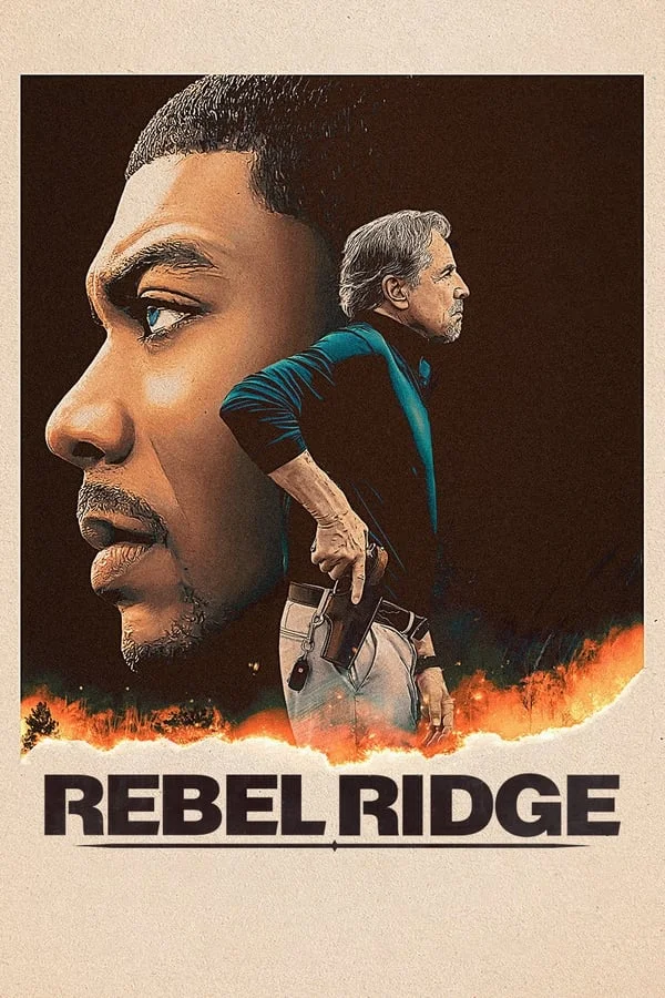 Rebel Ridge poster, te zien op IPTV Nederland, met twee personages in profiel en vlammen op de achtergrond