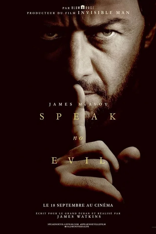 Speak No Evil poster met James McAvoy, te bekijken op Nederlandse IPTV, met een mysterieus stille hint naar het verhaal